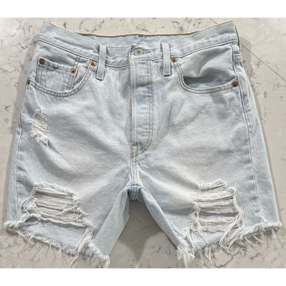 Levi's 501 Mid Thigh Cut Off Denim Shorts Womens 29 Blue Light Wash Distressed